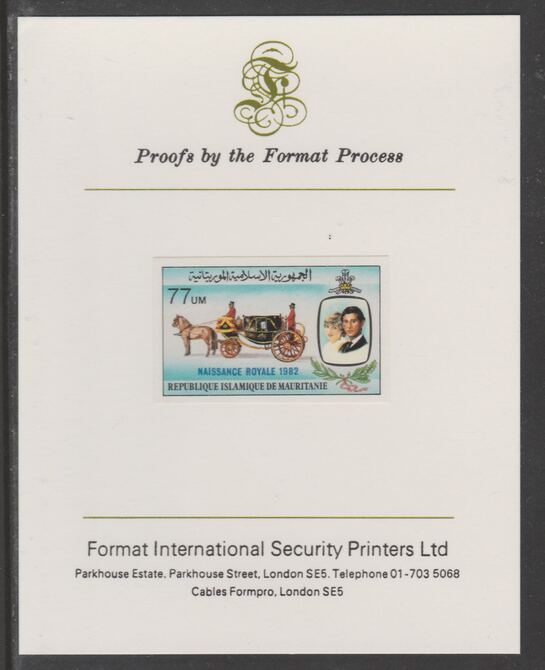 Mauritania 1982 Birth of Prince William opt on Royal Wedding 77um imperf proof mounted on Format International proof card, as SG 741, stamps on , stamps on  stamps on royalty, stamps on  stamps on diana, stamps on  stamps on william