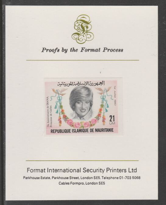 Mauritania 1982 Princess Dianas 21st Birthday 21um imperf proof mounted on Format International proof card, as SG 733, stamps on royalty, stamps on diana, stamps on 