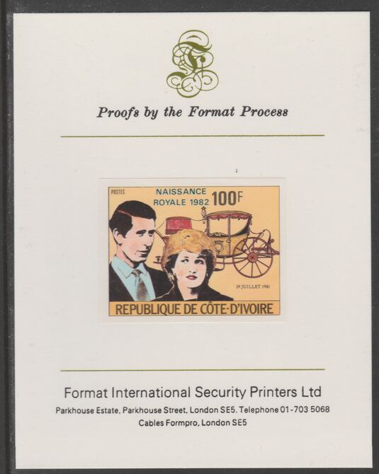 Ivory Coast 1982 Birth of Prince William opt on Royal Wedding 100f imperf proof mounted on Format International proof card, as SG 731, stamps on royalty, stamps on diana, stamps on william