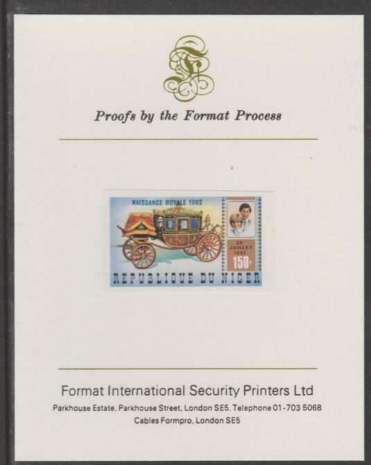 Niger Republic 1982 Birth of Prince William opt on Royal Wedding 150f imperf proof mounted on Format International proof card, as SG 905, stamps on royalty, stamps on diana, stamps on william