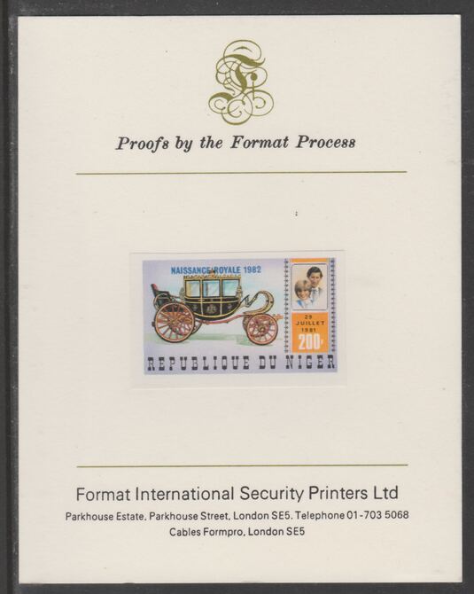 Niger Republic 1982 Birth of Prince William opt on Royal Wedding 200f imperf proof mounted on Format International proof card, as SG 906, stamps on royalty, stamps on diana, stamps on william