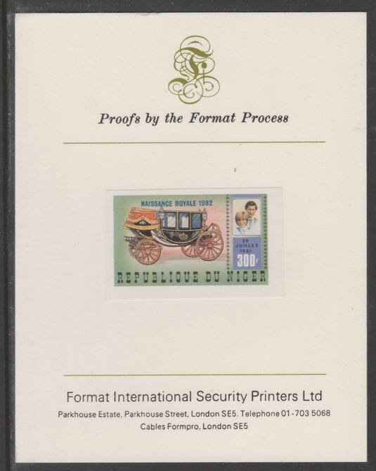 Niger Republic 1982 Birth of Prince William opt on Royal Wedding 300f imperf proof mounted on Format International proof card, as SG 907, stamps on royalty, stamps on diana, stamps on william
