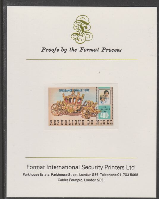 Niger Republic 1982 Birth of Prince William opt on Royal Wedding 400f (ex m/sheet) imperf proof mounted on Format International proof card, as SG MS908, stamps on royalty, stamps on diana, stamps on william