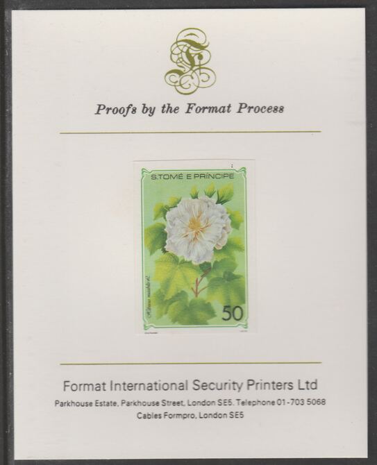 St Thomas & Prince Islands 1979 Flowers 50E imperf proof (ex m/sheet) mounted on Format International proof card, stamps on flowers