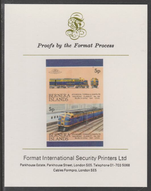 Bernera 1983 Locomotives #2 (Atcheson, Topeka & Santa Fe) 5p se-tenant imperf proof pair mounted on Format International proof card, stamps on railways