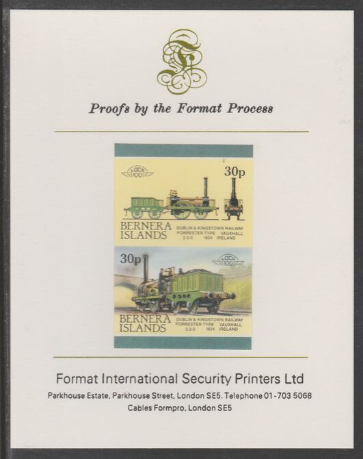 Bernera 1983 Locomotives #2 (Dublin & Kingstown Railway) 30p se-tenant imperf proof pair mounted on Format International proof card, stamps on railways