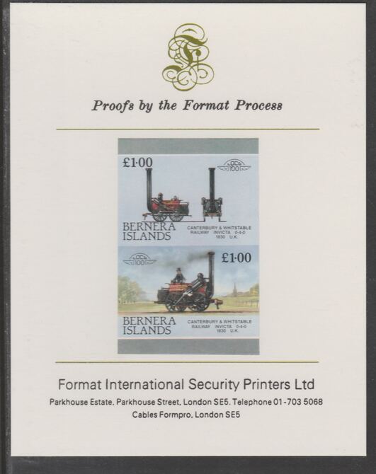 Bernera 1983 Locomotives #2 (Canterbury & Whitstable Rly) Â£1 se-tenant  imperf proof pair mounted on Format International proof card, stamps on railways