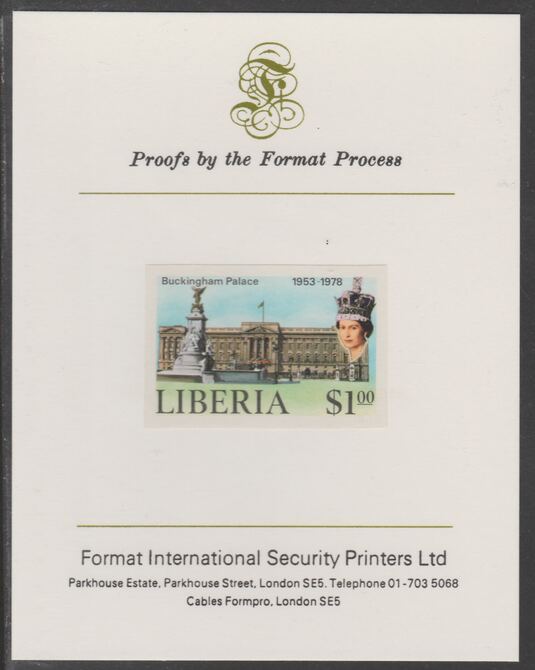Liberia 1978 Coronation 25th Anniversary $1 Buckingham Palace imperf proof mounted on Format International proof card, as SG 1350, stamps on , stamps on  stamps on royalty, stamps on  stamps on coronation