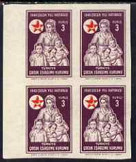 Turkey 1949 Postal Tax Child Welfare 3k Nurse & Children imperf block of 4 unmounted mint, stamps on red cross, stamps on medical, stamps on children, stamps on nurses