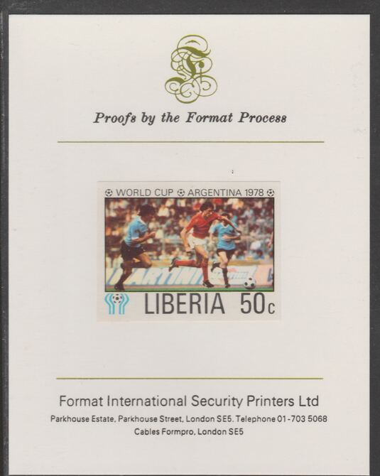 Liberia 1978 Football World Cup 50c imperf proof mounted on Format International proof card, as SG 1346, stamps on football, stamps on sport