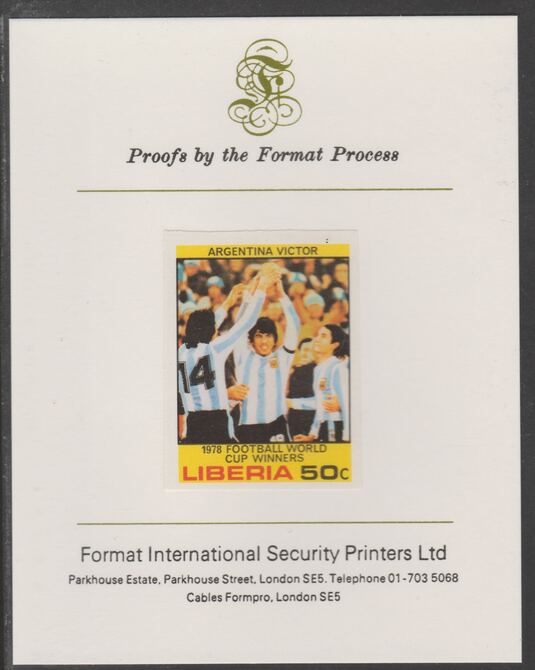 Liberia 1978 Football World Cup Winners 50c Argentina with Cup imperf proof mounted on Format International proof card, as SG 1361, stamps on football, stamps on sport