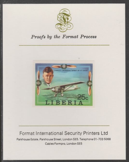 Liberia 1978 Progress in Aviation 25c Charles Lindbergh & Spirit of St Louis imperf proof mounted on Format International proof card, as SG 1330, stamps on aviation, stamps on flying boats, stamps on dornier, stamps on shuttle, stamps on douglas, stamps on dc-3, stamps on wright, stamps on bleriot