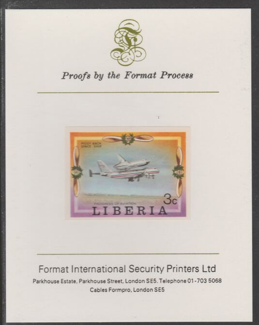 Liberia 1978 Progress in Aviation 3c Space Shuttle imperf proof mounted on Format International proof card, as SG 1328, stamps on aviation, stamps on flying boats, stamps on dornier, stamps on shuttle, stamps on douglas, stamps on dc-3, stamps on wright, stamps on bleriot