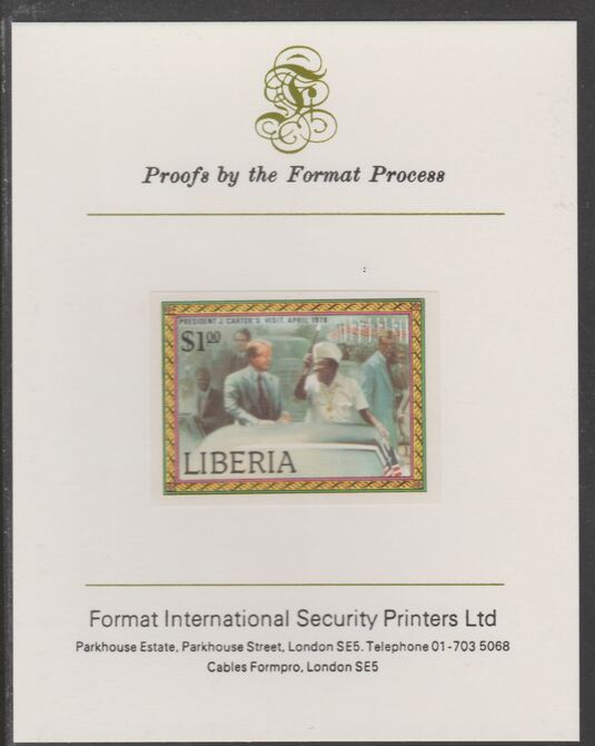 Liberia 1978 Visit by President Carter $1 imperf proof mounted on Format International proof card, as SG 1355, stamps on , stamps on  stamps on americana, stamps on  stamps on us presidents, stamps on  stamps on carter, stamps on  stamps on 