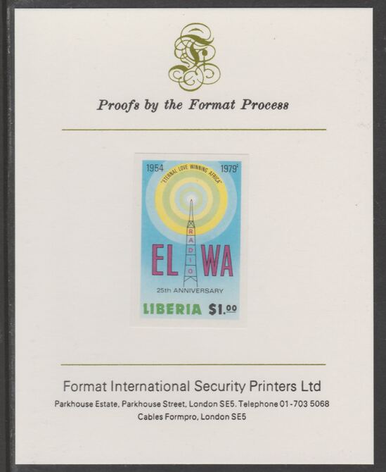 Liberia 1979 25th Anniversary of Radio ELWA $1 imperf proof mounted on Format International proof card, as SG 1370, stamps on radio, stamps on communications