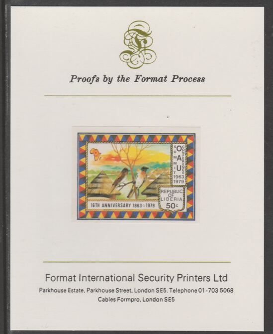 Liberia 1979 Organisation for African Unity 50c imperf proof mounted on Format International proof card, as SG 1378, stamps on birds, stamps on bulbul