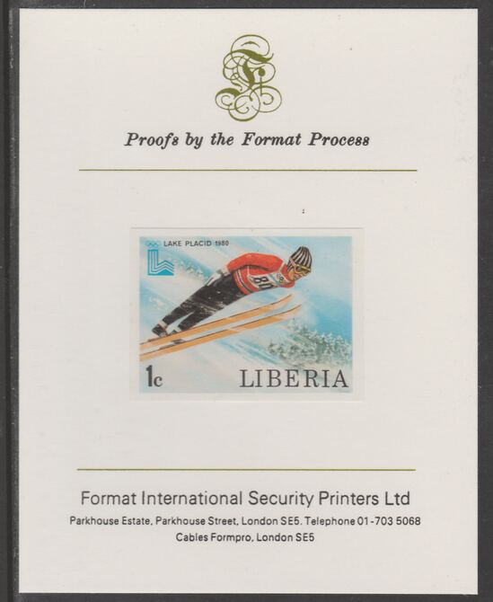 Liberia 1980 Lake Placid Winter Olympics 1c Ski Jumping imperf proof mounted on Format International proof card, as SG 1449, stamps on olympics, stamps on sport, stamps on skiing, stamps on bobsled, stamps on ice skating, stamps on ice hockey