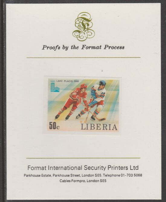 Liberia 1980 Lake Placid Winter Olympics 50c Ice Hockey imperf proof mounted on Format International proof card, as SG 1454, stamps on , stamps on  stamps on olympics, stamps on sport, stamps on skiing, stamps on bobsled, stamps on ice skating, stamps on ice hockey