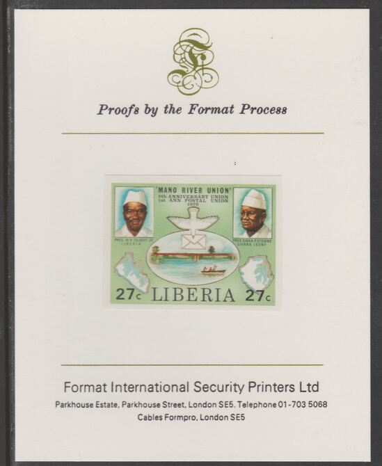 Liberia 1980 Mano River & UPU Anniversarys 27c imperf proof mounted on Format International proof card, as SG 1457, stamps on , stamps on  stamps on rivers, stamps on bridges, stamps on upu, stamps on  stamps on  upu , stamps on  stamps on 