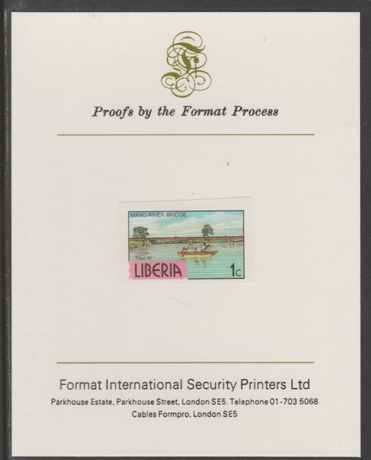 Liberia 1981 Mano River Bridge 1c imperf proof mounted on Format International proof card, as SG 1505a, stamps on bridges, stamps on civil engineering, stamps on rivers