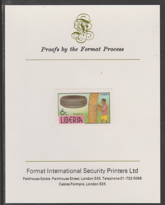 Liberia 1981 Rubber Tree & Tyre 6c (imperf proof mounted on Format International proof card, as SG 1506, stamps on , stamps on  stamps on trees, stamps on rubber