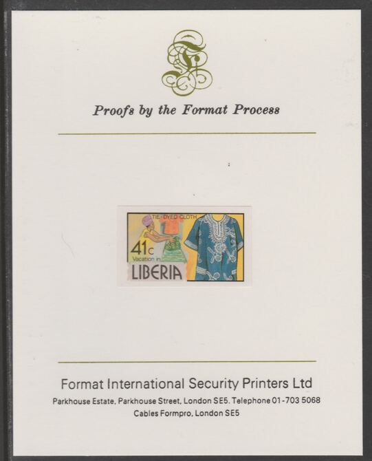 Liberia 1981 Tie-dyed Cloth 41c imperf proof mounted on Format International proof card, as SG 1509, stamps on textiles