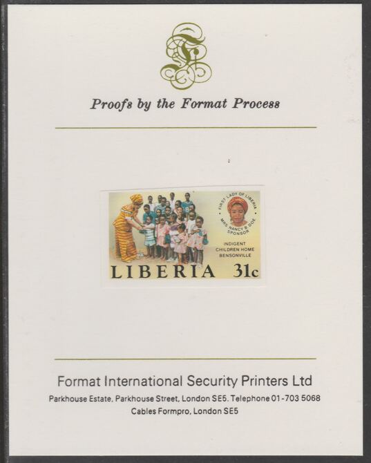 Liberia 1984 Children's Home 31c imperf proof mounted on Format International proof card, as SG 1596, stamps on children