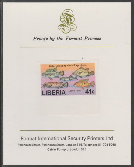 Liberia 1984 Fish 41c imperf proof mounted on Format International proof card, as SG 1589, stamps on , stamps on  stamps on fish
