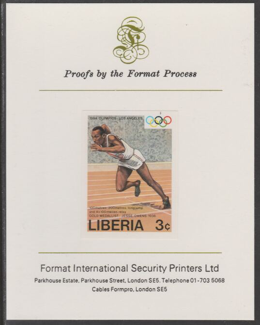 Liberia 1984 Jesse Owens (Sprinter) 3c imperf proof mounted on Format International proof card, as SG 1581, stamps on sport, stamps on olympics, stamps on running, stamps on long jump