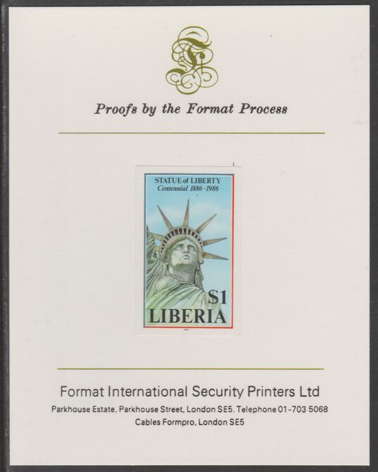 Liberia 1986 Statue of Liberty Centenary $1 imperf proof mounted on Format International proof card, as SG 1630, stamps on monuments, stamps on americana, stamps on civil engineering, stamps on statues