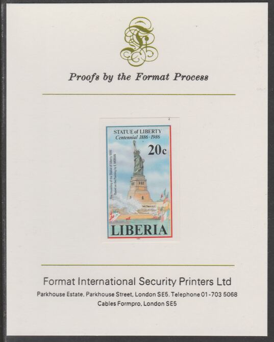 Liberia 1986 Statue of Liberty Centenary 20c imperf proof mounted on Format International proof card, as SG 1628, stamps on monuments, stamps on americana, stamps on civil engineering, stamps on statues