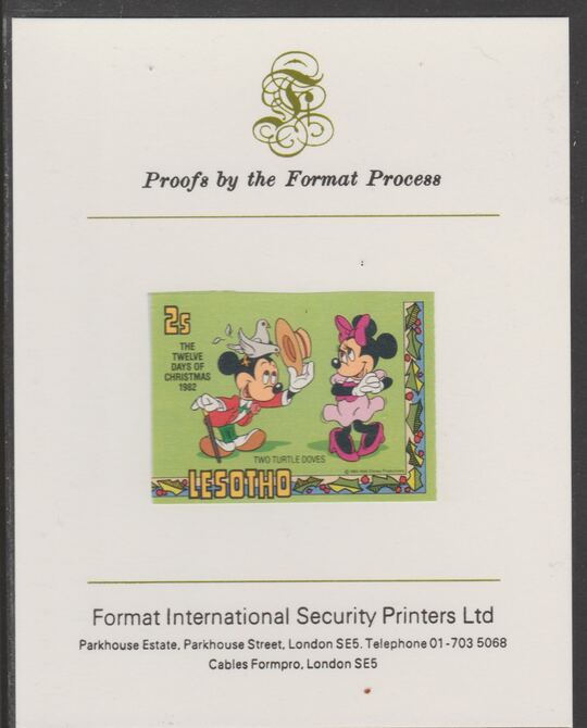 Lesotho 1982 Disney Christmas - Twelve Days of Christmas 2c Two Turtle Doves imperf proof mounted on Format International proof card, as SG 524, stamps on christmas.disney, stamps on carols