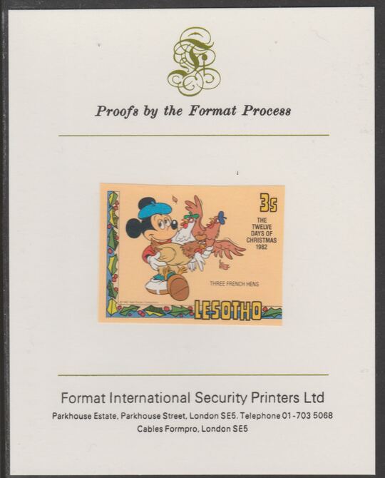 Lesotho 1982 Disney Christmas - Twelve Days of Christmas 3c Three French Hens imperf proof mounted on Format International proof card, as SG 525, stamps on christmas.disney, stamps on carols