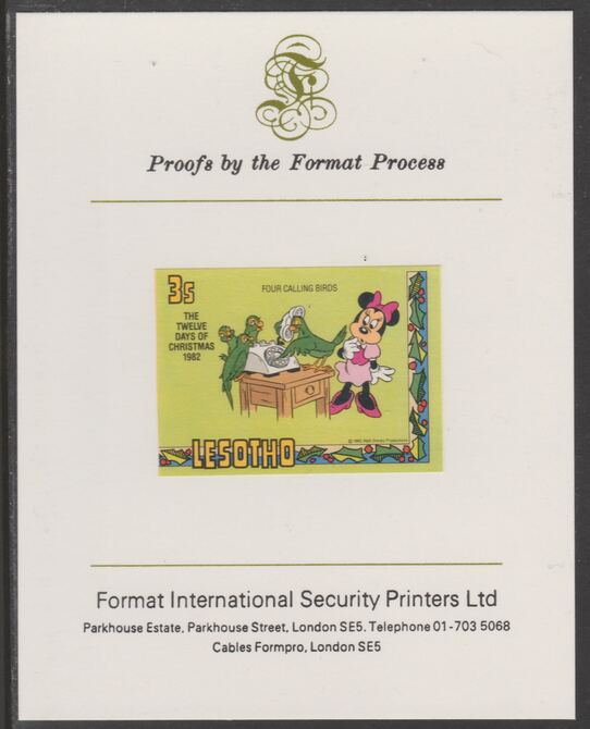 Lesotho 1982 Disney Christmas - Twelve Days of Christmas 3c Four Calling Birds imperf proof mounted on Format International proof card, as SG 526, stamps on christmas.disney, stamps on carols