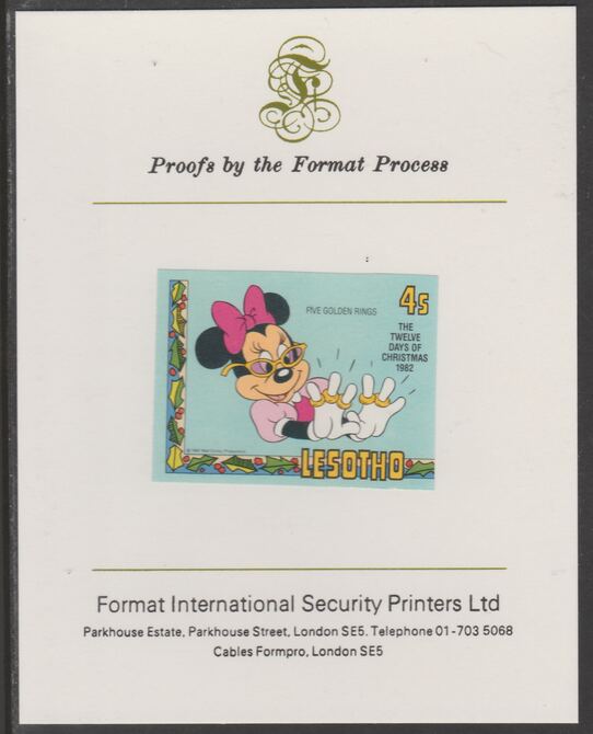 Lesotho 1982 Disney Christmas - Twelve Days of Christmas 4c Five Golden Rings imperf proof mounted on Format International proof card, as SG 527, stamps on christmas.disney, stamps on carols