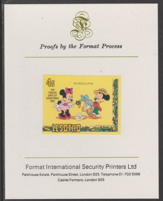 Lesotho 1982 Disney Christmas - Twelve Days of Christmas 4c Six Geese A-Laying imperf proof mounted on Format International proof card, as SG 528, stamps on christmas.disney, stamps on carols