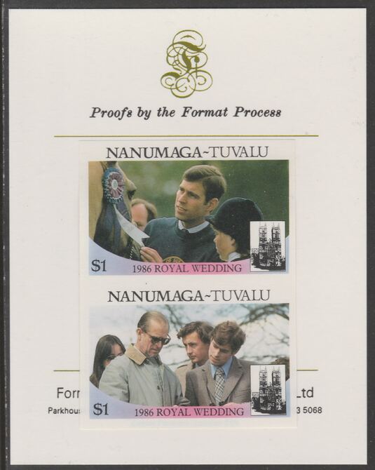 Tuvalu - Nanumaga 1986 Royal Wedding (Andrew & Fergie) $1 imperf se-tenant proof pair mounted on Format International proof card , stamps on , stamps on  stamps on royalty, stamps on  stamps on andrew, stamps on  stamps on fergie, stamps on  stamps on 