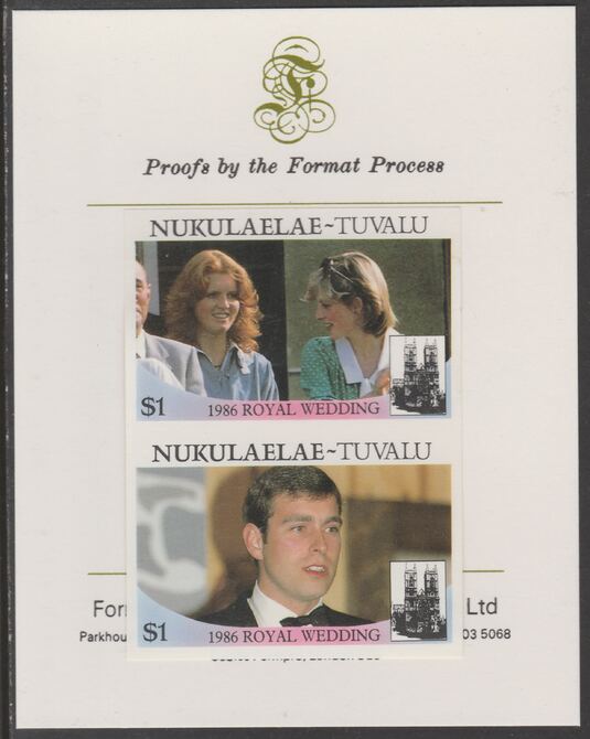 Tuvalu - Nukulaelae 1986 Royal Wedding (Andrew & Fergie) $1 imperf se-tenant proof pair mounted on Format International proof card , stamps on royalty, stamps on andrew, stamps on fergie, stamps on 