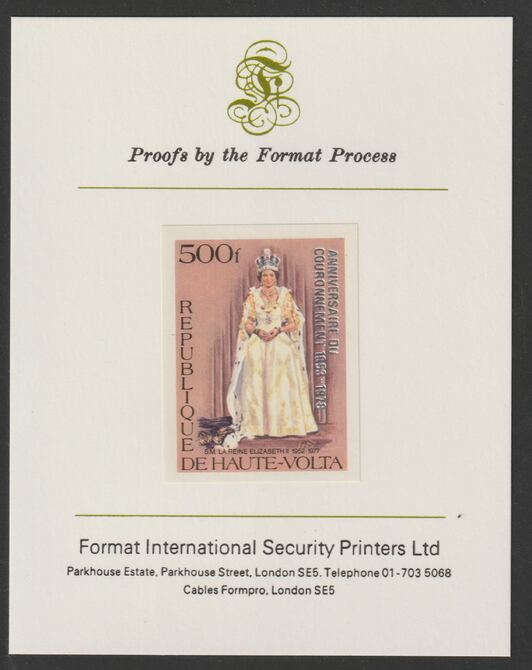 Upper Volta 1978 25th Anniversary of Coronation optd on Silver Jubilee 500f imperf proof mounted on Format International proof card as SG MS 497, stamps on royalty, stamps on silver jubilee, stamps on coronation