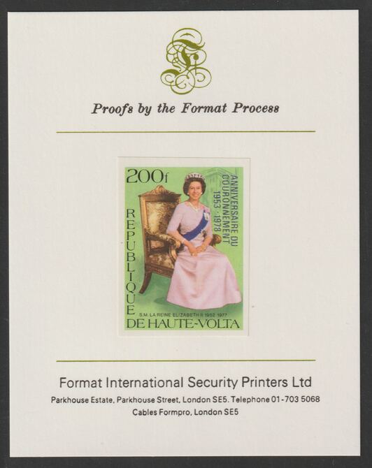 Upper Volta 1978 25th Anniversary of Coronation optd on Silver Jubilee 200f imperf proof mounted on Format International proof card , stamps on royalty, stamps on silver jubilee, stamps on coronation