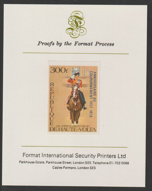 Upper Volta 1978 25th Anniversary of Coronation optd on Silver Jubilee 300f imperf proof mounted on Format International proof card , stamps on royalty, stamps on silver jubilee, stamps on coronation
