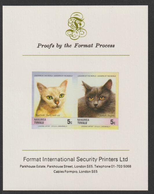 Tuvalu - Nanumea 1985 Cats 5c American Short-hair & Turkish Angora (Leaders of the World) imperf se-tenant pair mounted on Format International proof card, stamps on , stamps on  stamps on animals, stamps on  stamps on cats