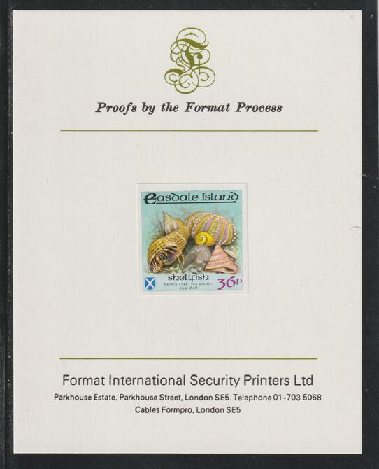 Easdale 1988 Flora & Fauna definitive 36p (shell) imperf mounted on Format International Proof Card, stamps on , stamps on  stamps on marine life, stamps on shells, stamps on 