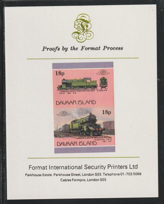 Davaar Island 1983 Locomotives #1 L&SW Class H16 4-6-2T loco 18p se-tenant imperf proof pair mounted on Format International proof card,, stamps on railways