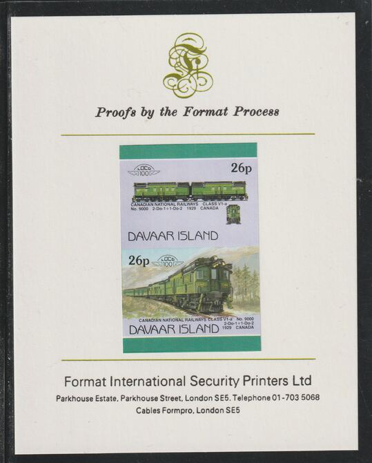 Davaar Island 1983 Locomotives #1 Canadian National Class V1-a loco No.9000 26p se-tenant imperf proof pair mounted on Format International proof card,, stamps on railways