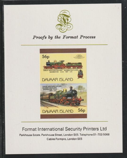 Davaar Island 1983 Locomotives #1 GWR Badminton Class 4-4-0 loco 56p se-tenant imperf proof pair mounted on Format International proof card,, stamps on railways