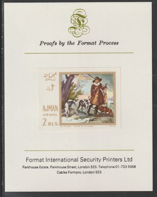 Ajman 1968 Paintings with Dogs #3 imperf mounted on Format International proof card, as Mi 273B, stamps on dogs, stamps on arts, stamps on 