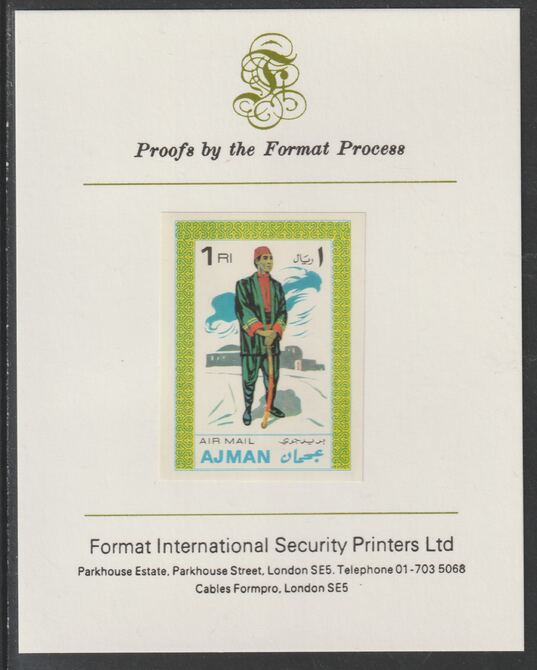 Ajman 1968 Costumes #6 imperf mounted on Format International proof card, as Mi 243B, stamps on costumes