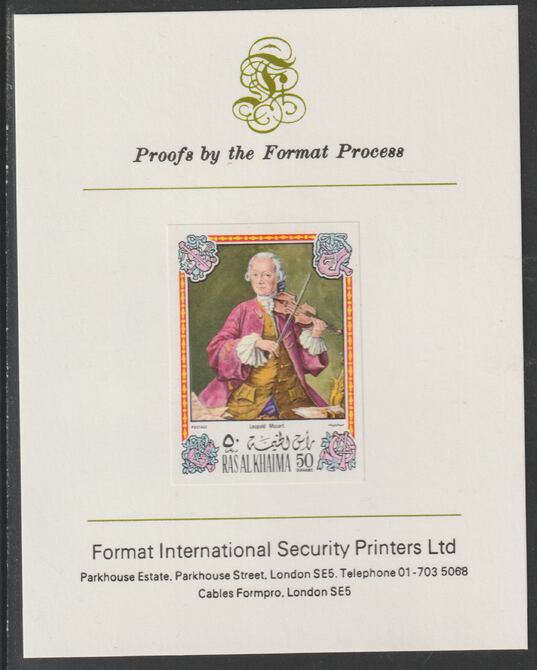 Ras Al Khaima 1972 Portraits of Mozart #1 imperf mounted on Format International proof card, as Mi 642B, stamps on arts, stamps on music, stamps on personalities, stamps on composers, stamps on masonics, stamps on personalities, stamps on mozart, stamps on music, stamps on composers, stamps on masonics, stamps on masonry