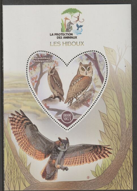 Madagascar 2017 Animal Protection - Owls perf deluxe sheet containing one heart shaped value unmounted mint, stamps on shaped, stamps on heart, stamps on  wwf , stamps on animals, stamps on birds, stamps on birds of prey, stamps on owls